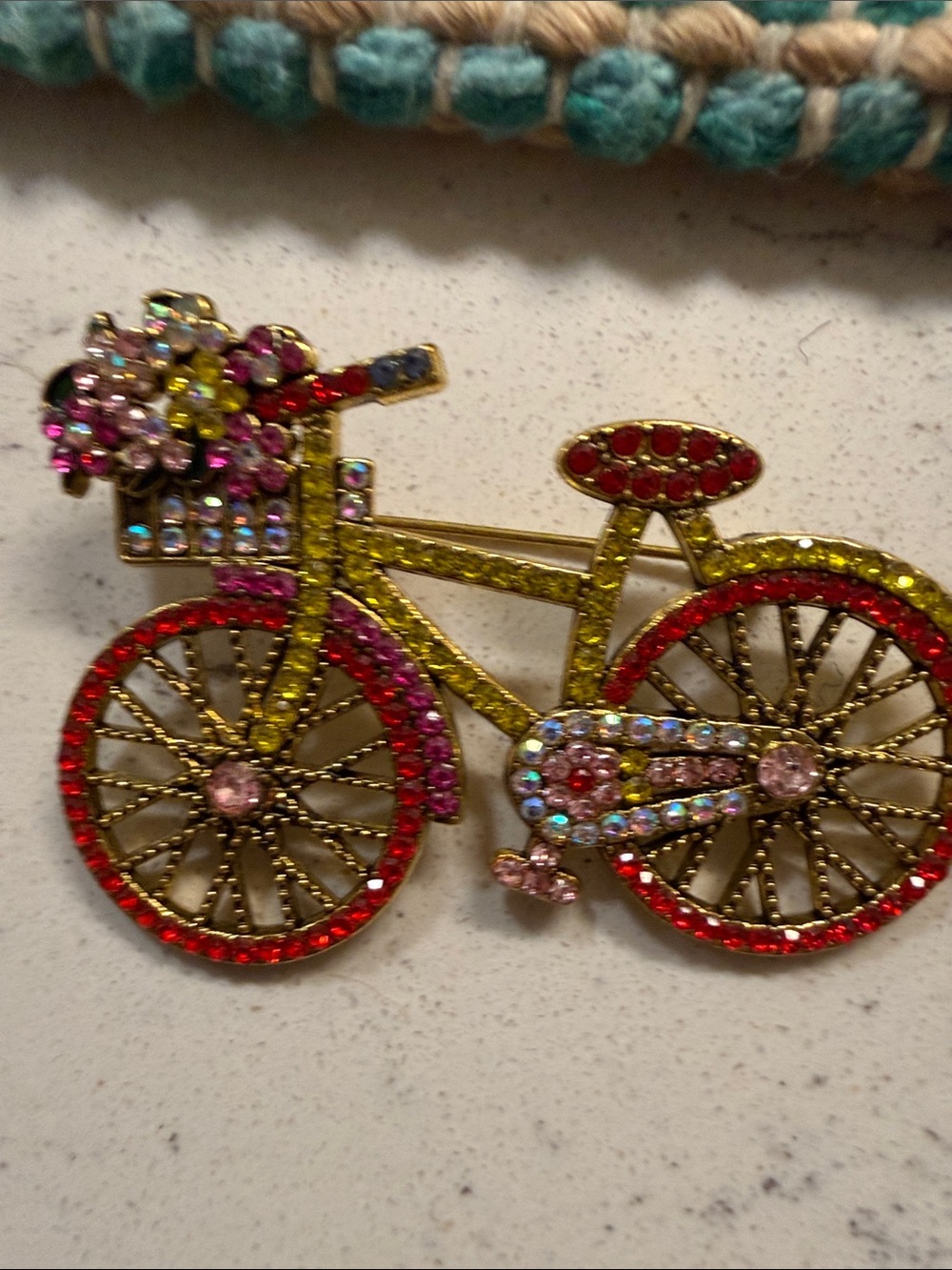 Rhinestone Bicycle Brooch Bag Charm with Flower Basket